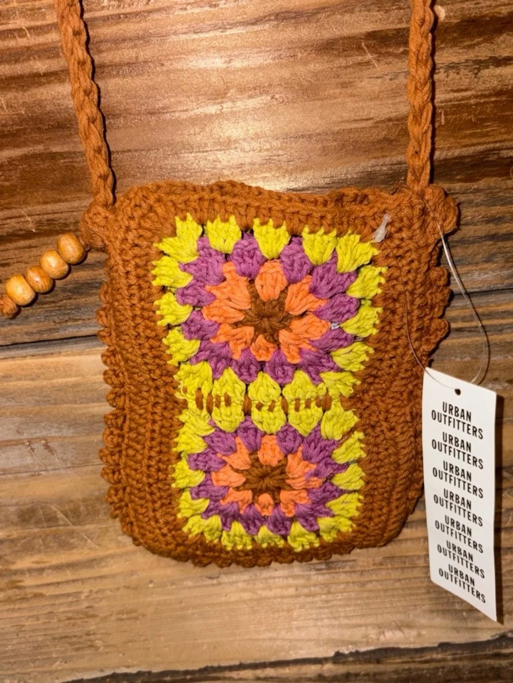 Crochet Crossbody Bag Brown with Yellow & Purple Floral Squares NWT